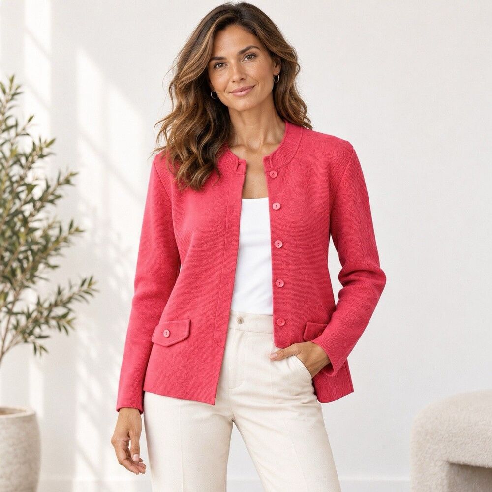 Talbots Coral Pink Silk Blend Knit Blazer Jacket Button Front Size M Classic